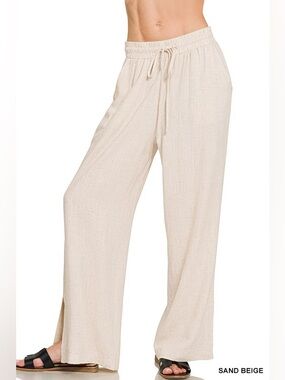 Zenana Sand Beige Linen Drawstring Pants